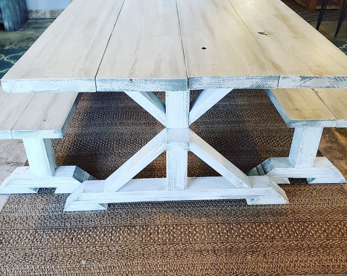 7ft Rustic Farmhouse Table Set With Long Benches , Gray White Wash Finish and Distressed White Base Wooden Dining Set