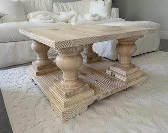 Square Coffee Table - with Large Turned Balustrade Legs - Simply White - Coastal Farmhouse Style Living Room Table