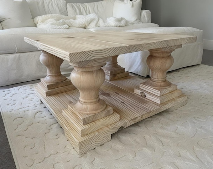 Square Coffee Table - with Large Turned Balustrade Legs - Simply White - Coastal Farmhouse Style Living Room Table
