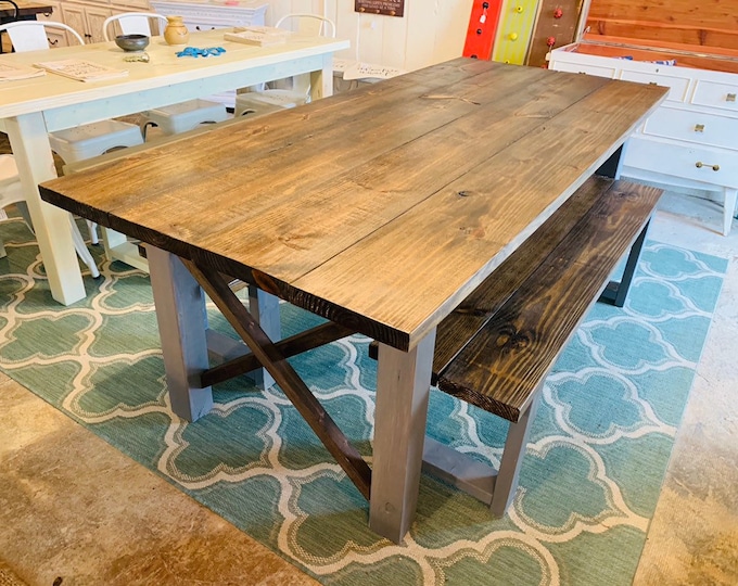 Farmhouse Table with Benches, Dark Walnut Top with Weather Gray Base.  X Criss Cross Style Dining Set, Wooden Kitchen Table