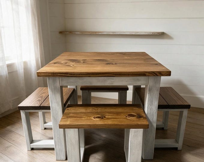 Farmhouse Square Dining Table Set Stools Solid Wood Breakfast Nook Rustic Kitchen Space Saving