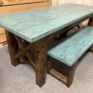 Narrow Farmhouse Dining Table - With Benches - Teal, Dark Walnut - Beach Décor Feel - Small Wooden Kitchen Table - X Design