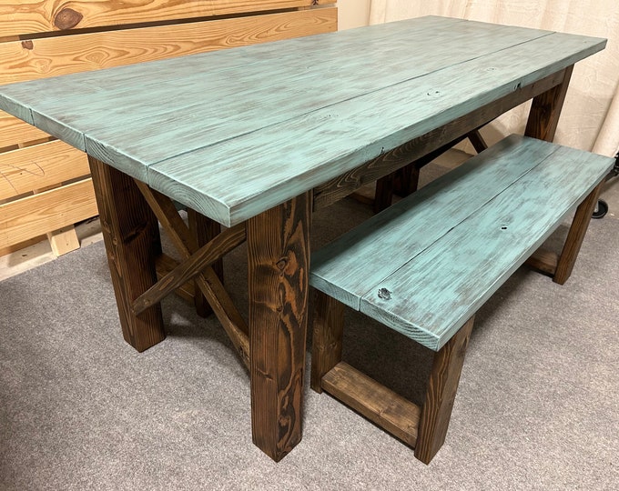 Narrow Farmhouse Dining Table - With Benches - Teal, Dark Walnut - Beach Décor Feel - Small Wooden Kitchen Table - X Design