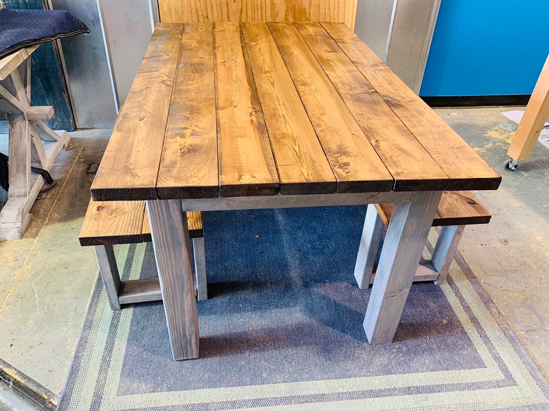 Small Farmhouse Table Rustic Farmhouse Table With Benches Provincial Dining Set With Gray Base 5ft Table and Benches. Etsy
