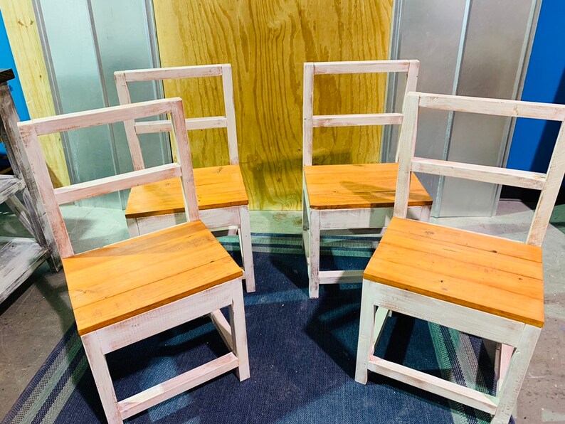 Ladder Back Chair Set Painted A Distressed White With A Gunstock Brown Seat Rustic Farmhouse Dining Chairs Four Wooden Dining Chair Set Dining Room Furniture Home Living Sirba Communication Com