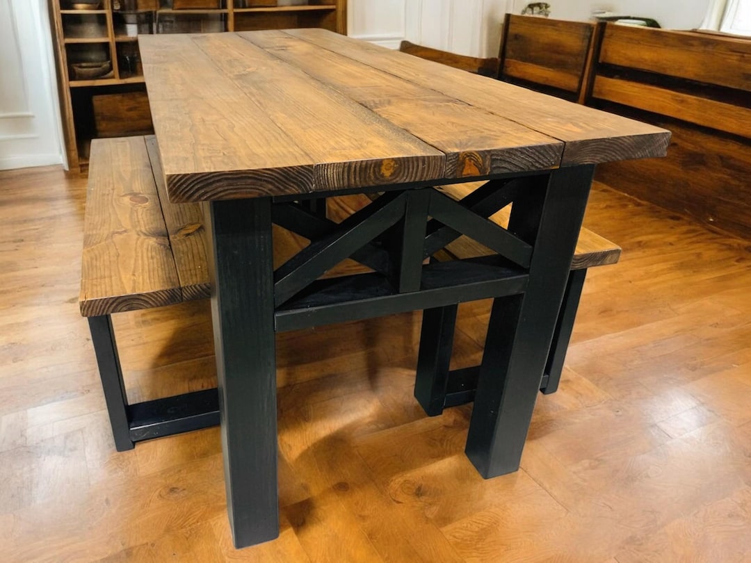 Narrow Bench Table Narrow Farmhouse Table With Benches: Provincial Brown, Black X Accents ...