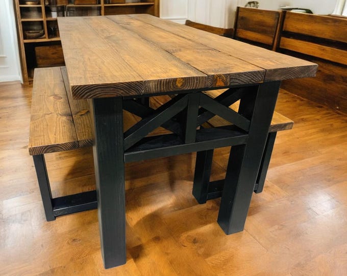 Narrow Farmhouse Table - 6ft. Dining Table with Two Benches - Provincial Brown, True Black - X Accents - Kitchen and Dining Room Furniture