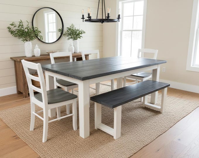 Farmhouse Dining Table Set Bench Solid Wood Rustic Kitchen 6ft Modern Reclaimed Handmade Furniture