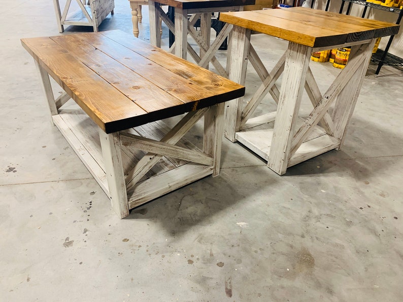 Farmhouse Living Room Set, End Tables Set and Coffee Table with Distressed White Base and Early American Top, Rustic Living Room Furniture X image 4