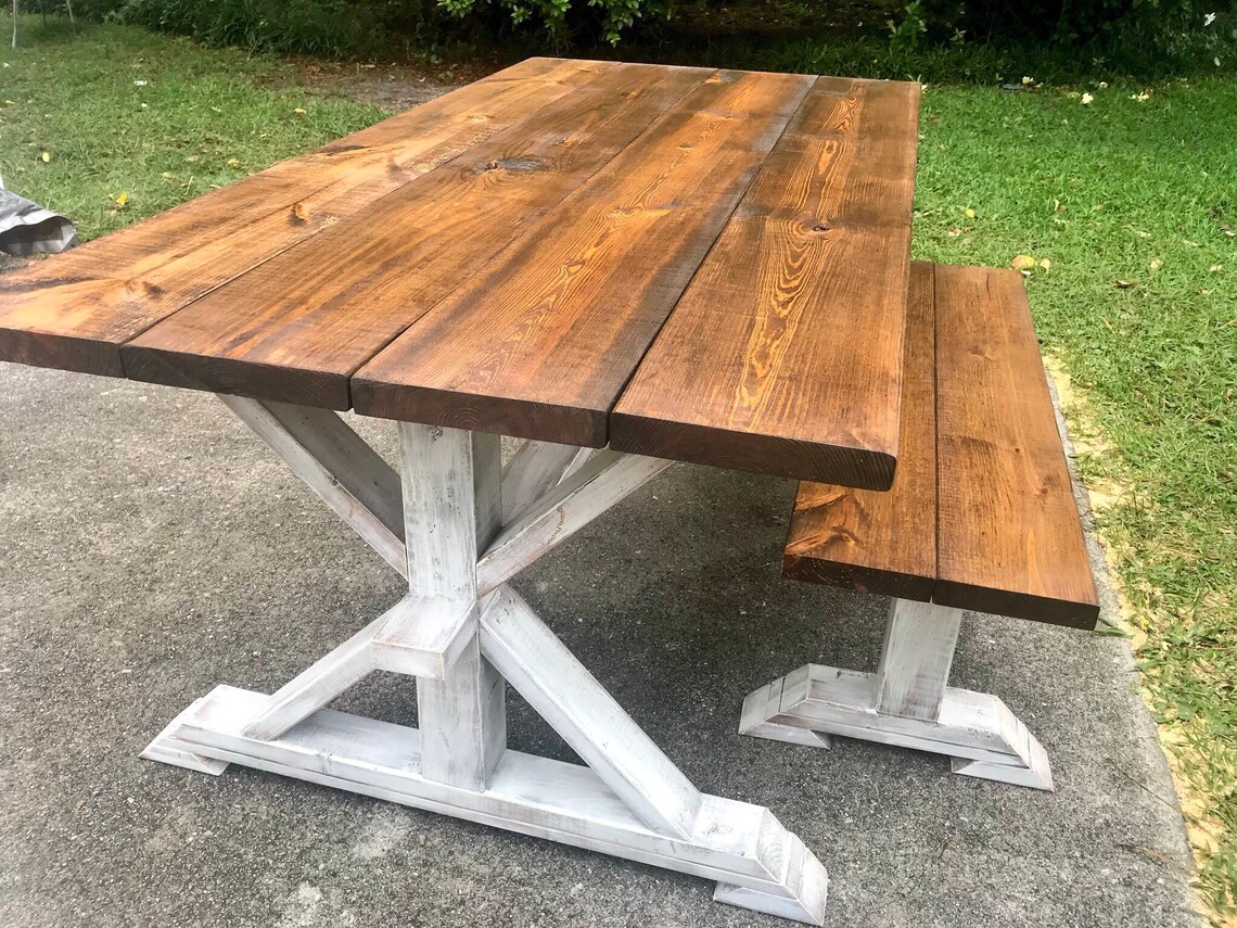 Rustic Pedestal Farmhouse Table With Bench Provincial Brown Etsy