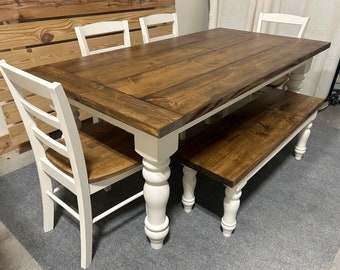 Rustic 6ft Farmhouse Table - With Bench and Chairs - Chunky Turned Legs - Provincial Brown and Antique White