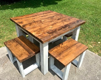 Square Small Farmhouse Table, Rustic Table, Small Dining Set with Stools, Table with Short Benches, Provincial Top, Distressed Base