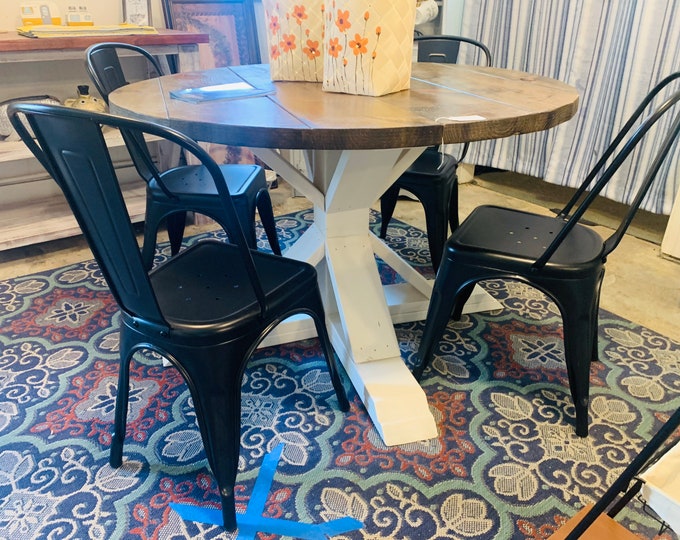 Round Rustic Farmhouse Table with Metal Chairs, Single Pedestal  Style Base, Provincial Top with White Base, Small Wooden Dining Set