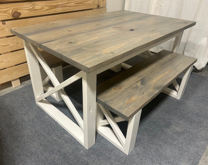 Rustic Farmhouse Dining Set with Benches - Classic Gray Stained Top - Antique White Base - Wooden X Legs - Small Dining Table