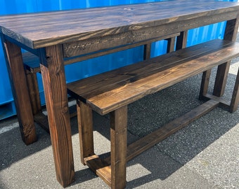 7ft Counter Height Farmhouse Table with Benches, Rustic Dark Walnut Finish, Dining and Kitchen Table