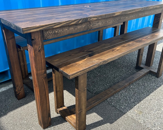 7ft Counter Height Farmhouse Table with Benches, Rustic Dark Walnut Finish, Dining and Kitchen Table