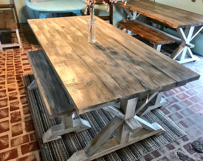 Rustic Pedestal Modern Farmhouse Table With Benches Gray White Wash with White Distressed Base Dining Set