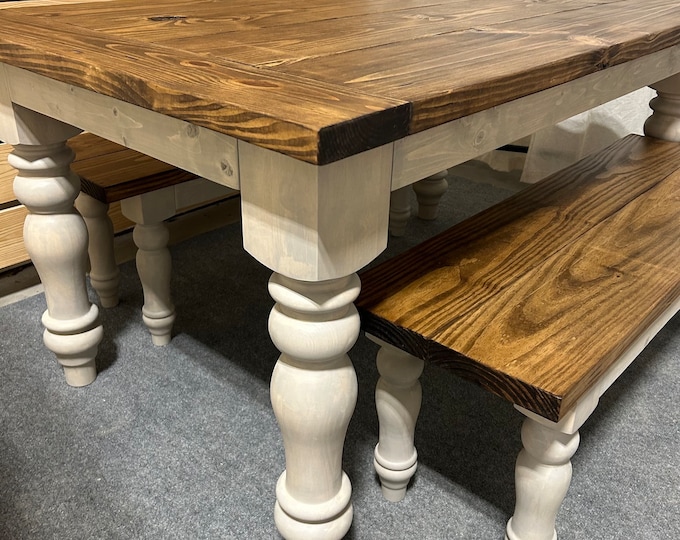 Turned Leg Farmhouse Dining Table - With Benches - Provincial Brown and Sun Bleached Base - Breadboard Ends - Kitchen Table Set