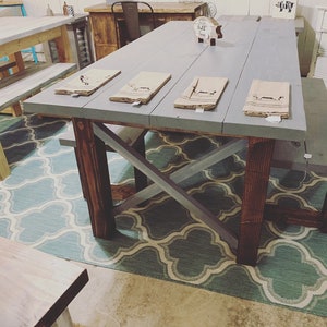 Farmhouse Dining Table Set: Weathered Gray Top, Dark Walnut Base