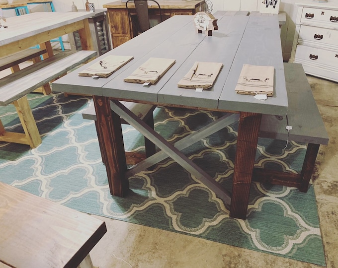 Modern Farmhouse Table Set with Benches, Weathered Gray Top and Dark Walnut Base, X Accents Dining Table Wooden Kitchen Set