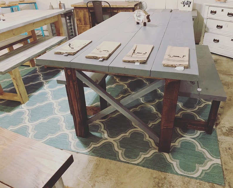 Rustic Farmhouse Table Set With Benches Weathered Gray Top And Dark Walnut Base X Accents Dining Wooden Kitchen