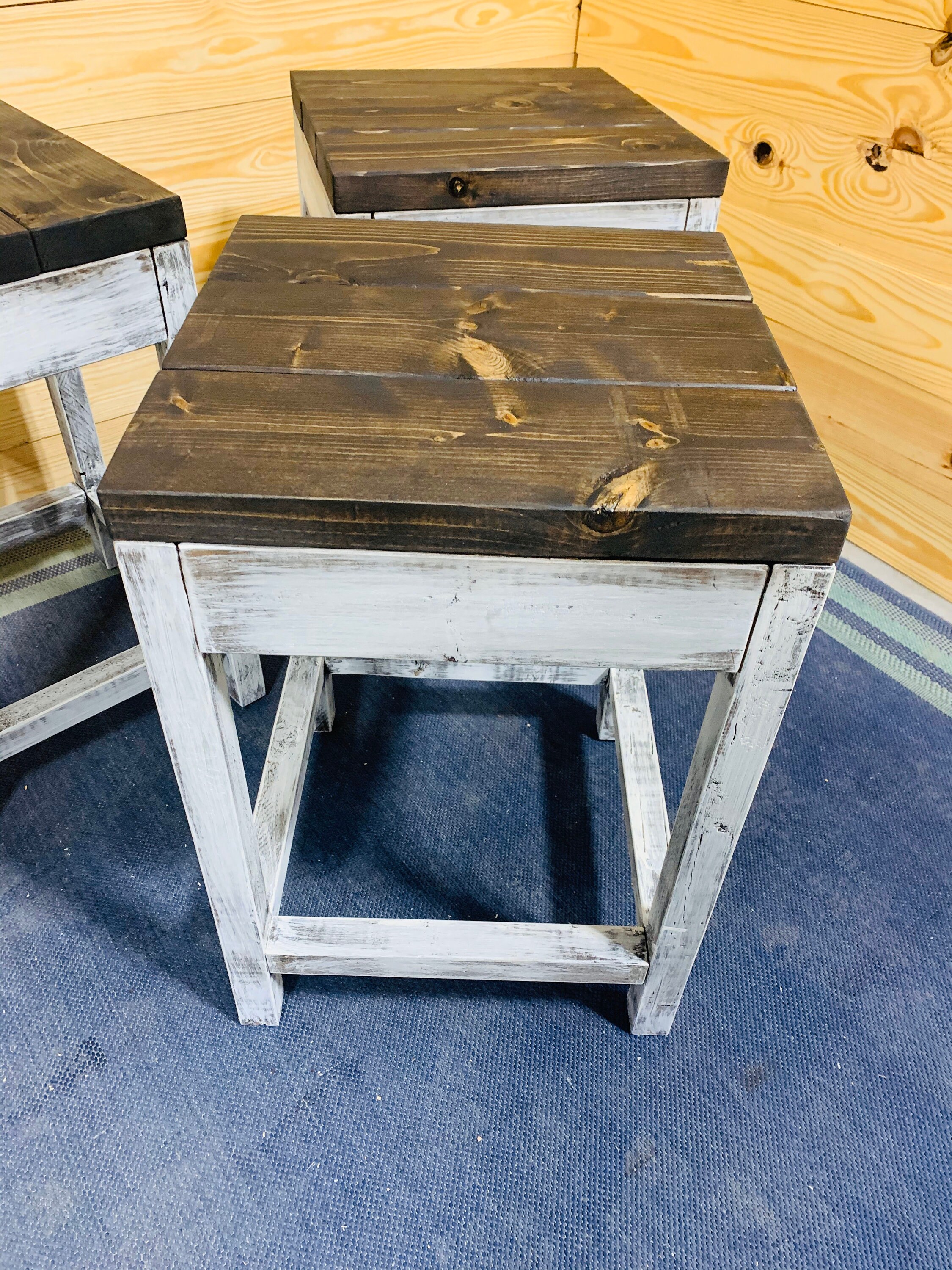 Rustic Farmhouse Counter Height Stools, Espresso Brown Top and Distressed White Base, Wooden Bar 
