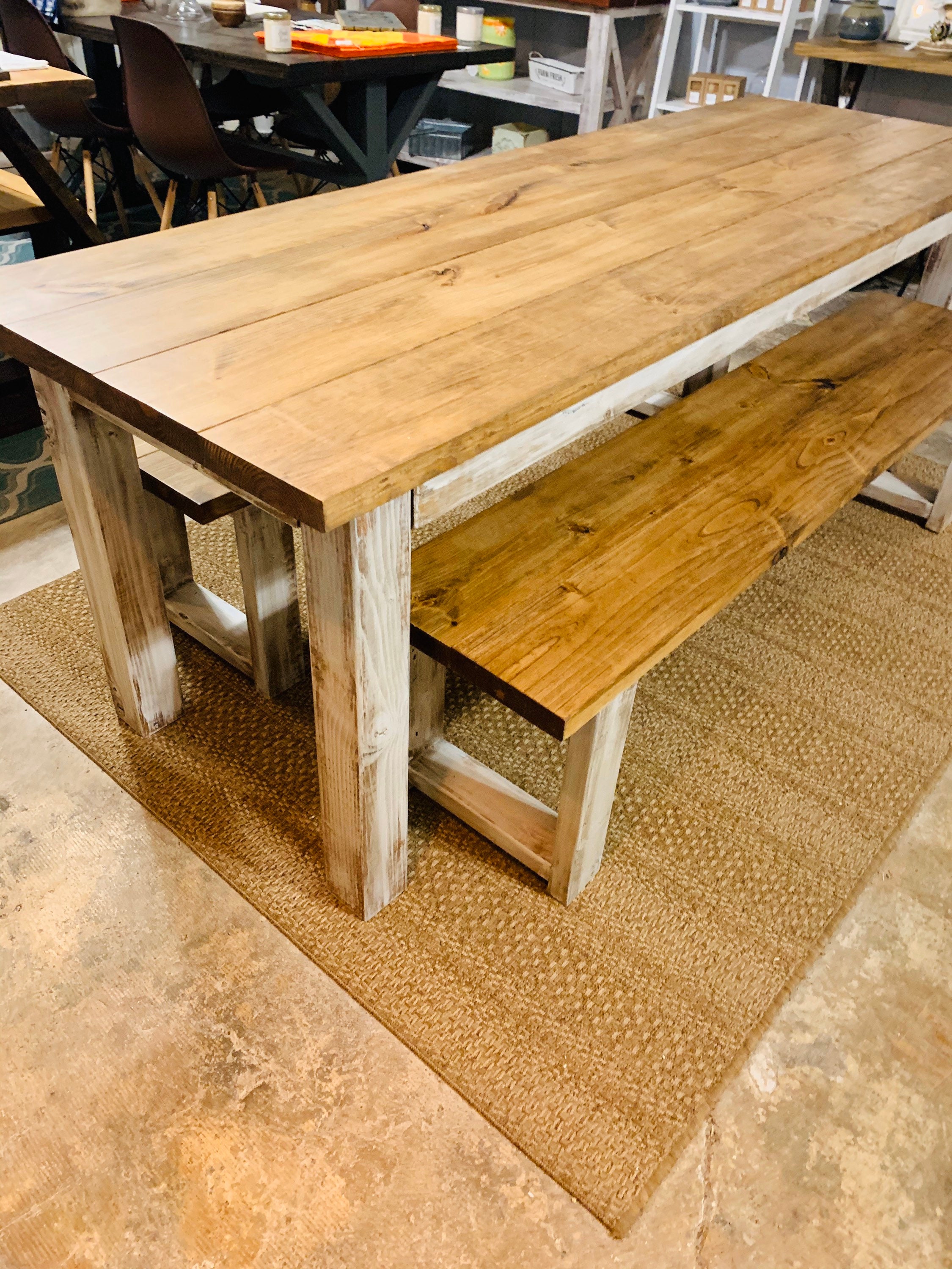 Rustic 7ft Farmhouse Table with Benches, Dining Set, Table ...