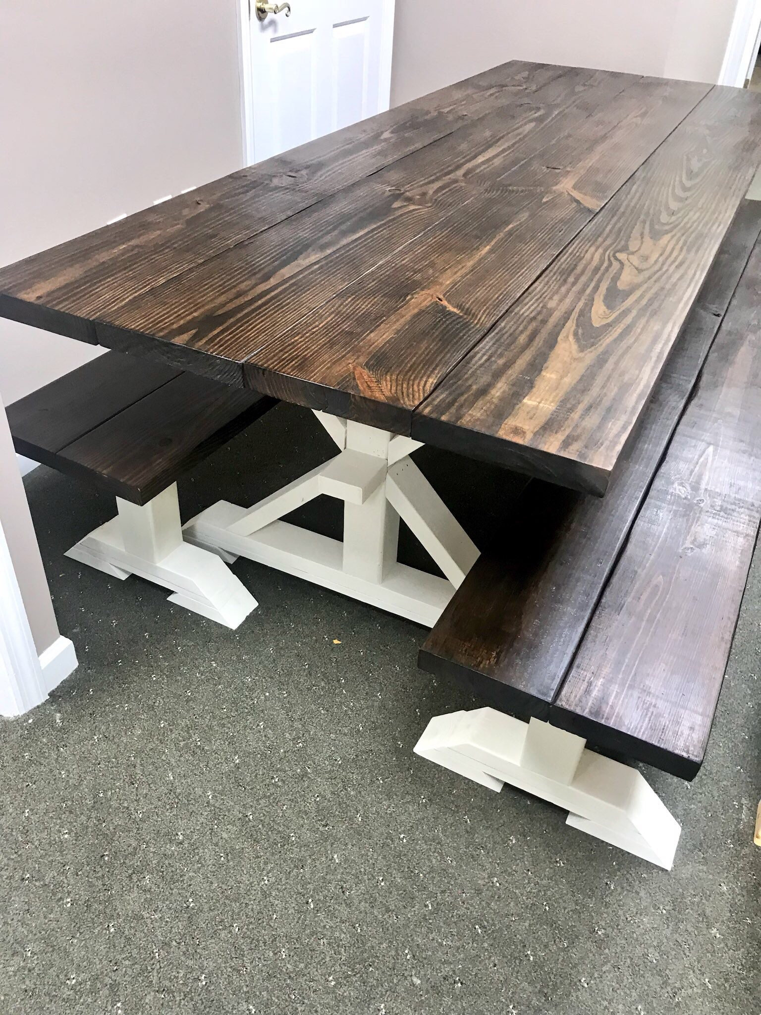 Long Pub Style Farmhouse Table Set, With Stools and Tall Benches, Dark  Walnut Top With White Distressed Base, Tall Farmhouse Table Set 