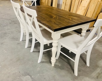 5ft Rustic Farmhouse Table with Turned Legs, Bench and Chair Set Dark Walnut Top and Antique White Base, Wooden Dining Table