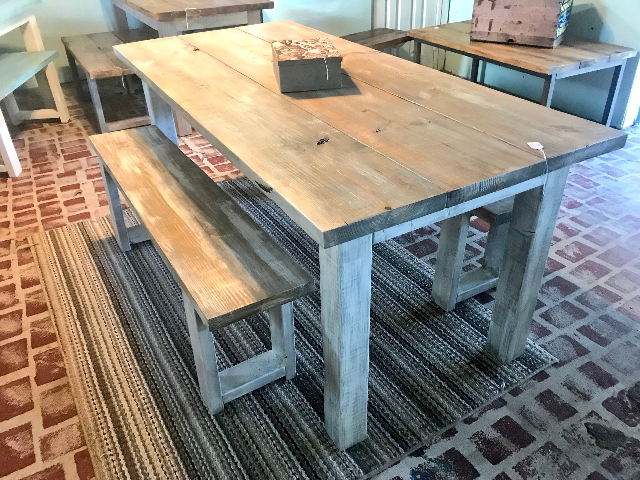 White Wash Farmhouse Table With Benches Rustic Wooden Gray White Wash