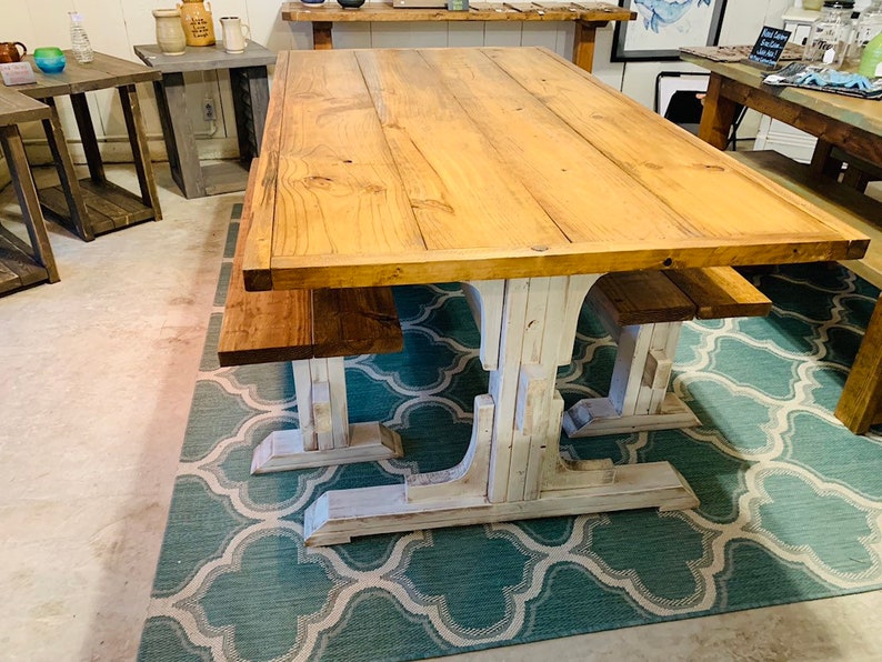 Early American Top Trestle Style Rustic Farmhouse Table Set with Two Benches Distressed White Base Wooden Dining Set with Trim