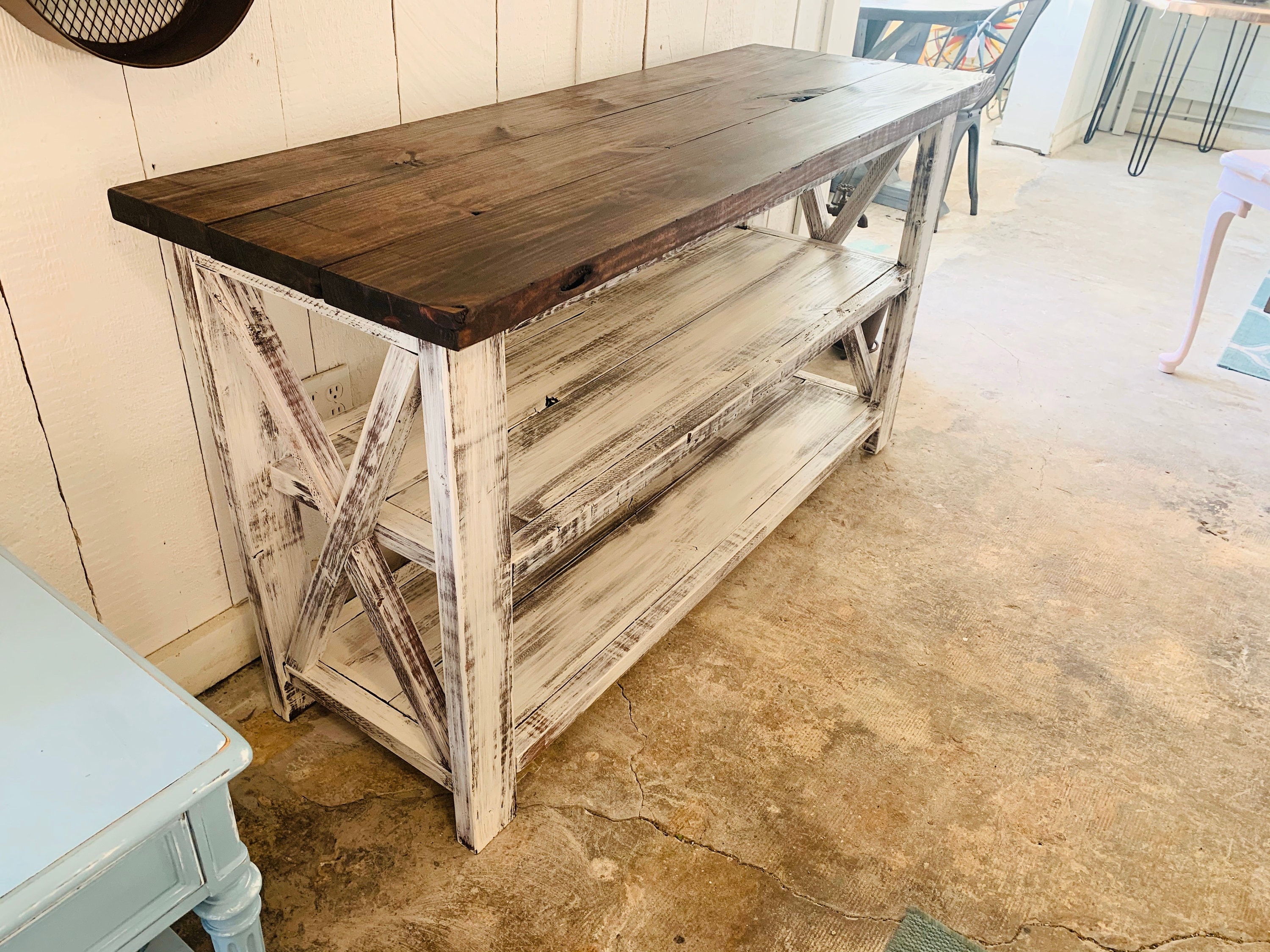 Rustic Wooden Buffet Table Rustic Console Table Farmhouse Buffet Table Distressed White Base and Red Mahogany Top Etsy
