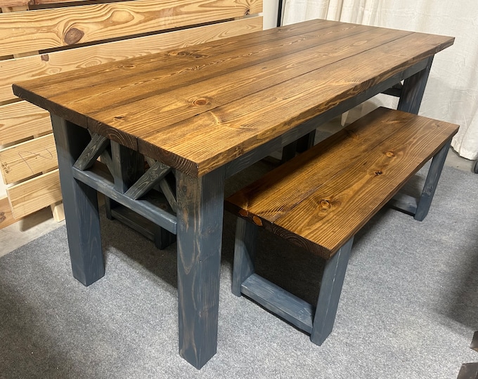 Wooden Farmhouse Style Table - With Benches - Gray and Provincial Brown - Wood Dining Set - X Accents - Narrow Kitchen Table