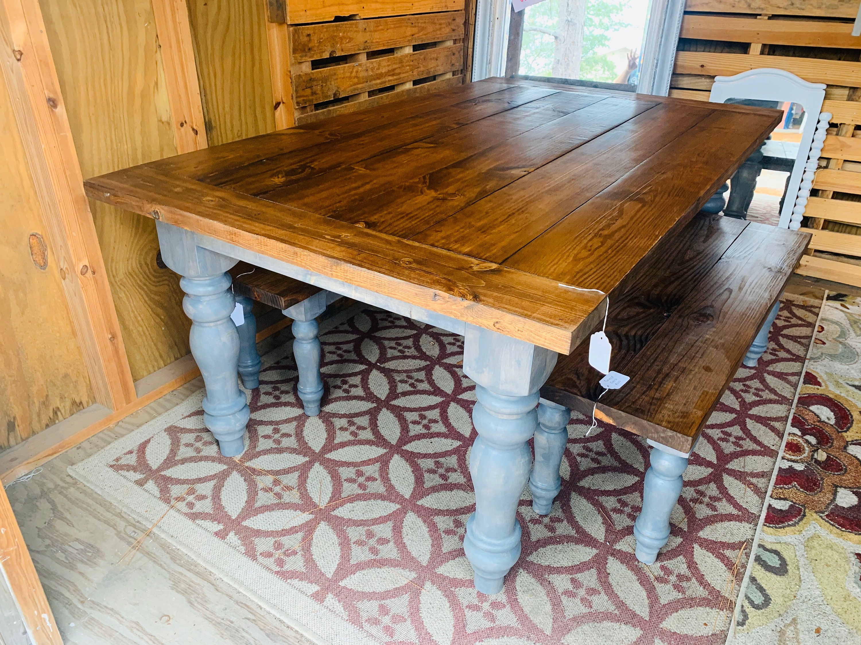 Rustic Farmhouse Table Set With Chunky Turned Legs and Breadboards