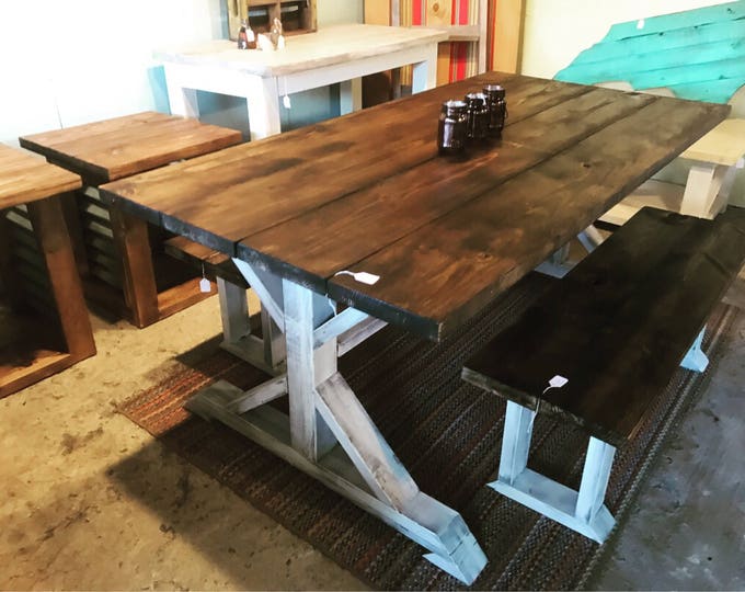 Rustic Pedestal Farmhouse Table With Benches Dark Walnut with White Distressed Base Dining Set