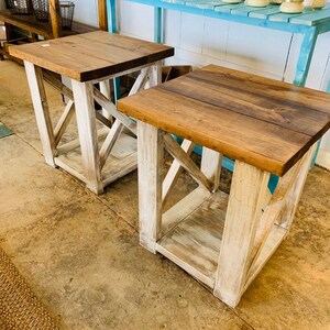 Rustic Handmade End Tables Set with Shelve, Distressed White Base with Provincial Brown Top of Farmhouse Side Tables, X Criss Cross Style image 4