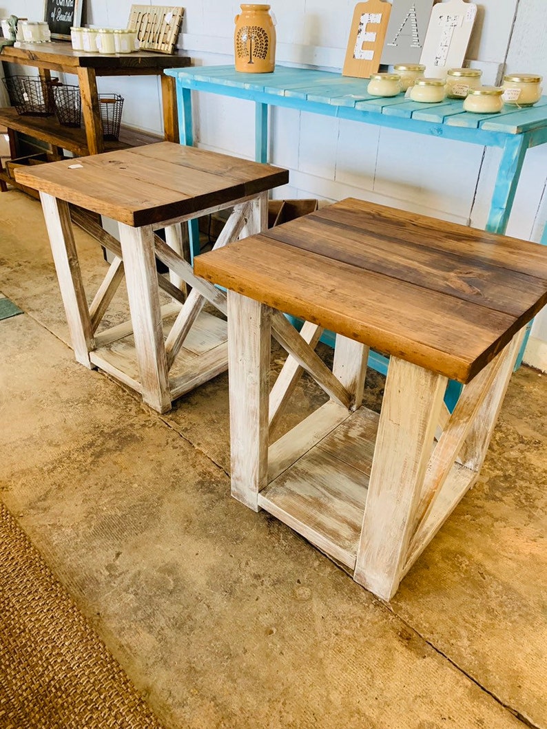 Rustic Handmade End Tables Set with Shelve, Distressed White Base with Provincial Brown Top of Farmhouse Side Tables, X Criss Cross Style image 4