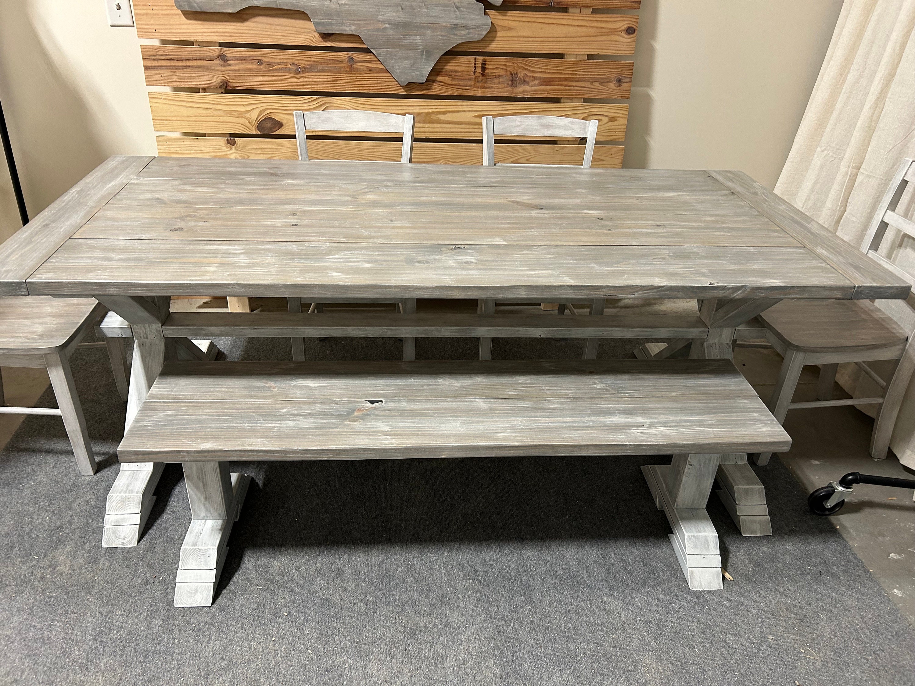 7ft Farmhouse Trestle Table With Chairs or Benches Gray White Wash