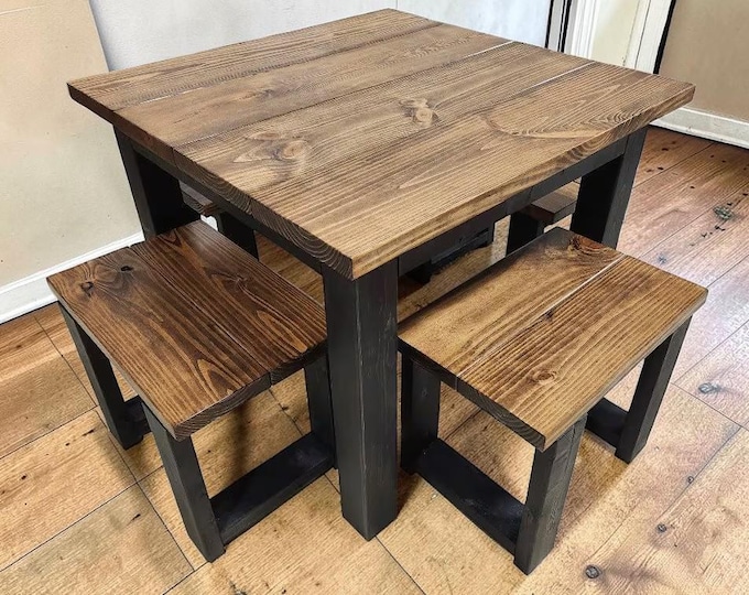 Small Farmhouse Square Dining Table Set with Four Stools – Rustic Wood Kitchen Furniture