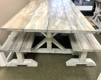 Rustic Farmhouse Dining Table with Benches: Gray White Wash, Distressed White Base