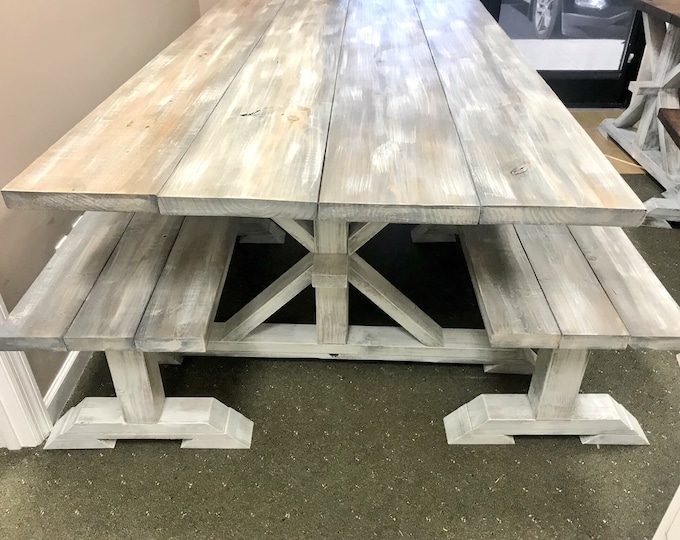 Rustic Long Pedestal  Farmhouse Table With Benches Gray White Wash with White Distressed Base Wide Dining Set