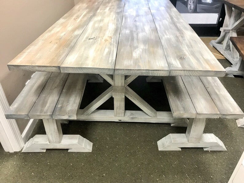 Rustic Long Pedestal Farmhouse Table With Benches Gray White Wash Distressed Base Wide Dining Set Furniture Home Living Thangmayschneider Vn Rustic Long Pedestal Farmhouse Table, How Wide Should A Farmhouse Table Bench Be