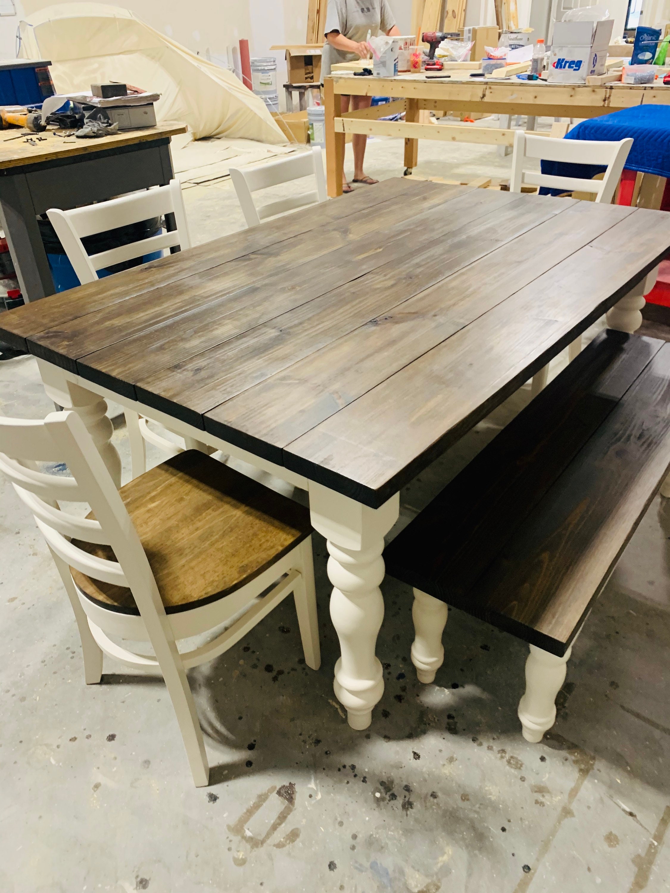 Rustic Farmhouse Table Set with Turned Chunky Legs Bench and