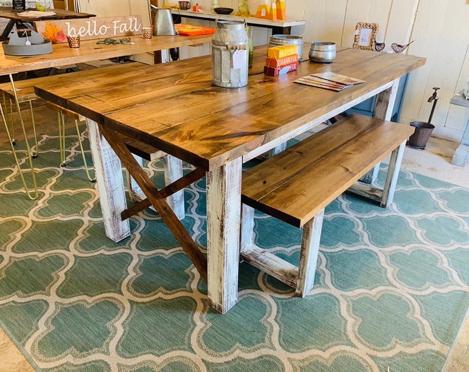 Rustic Farmhouse Table Set with Benches, Provincial Brown Top, and White Distressed Base, Wooden Dining Set 6ft Table