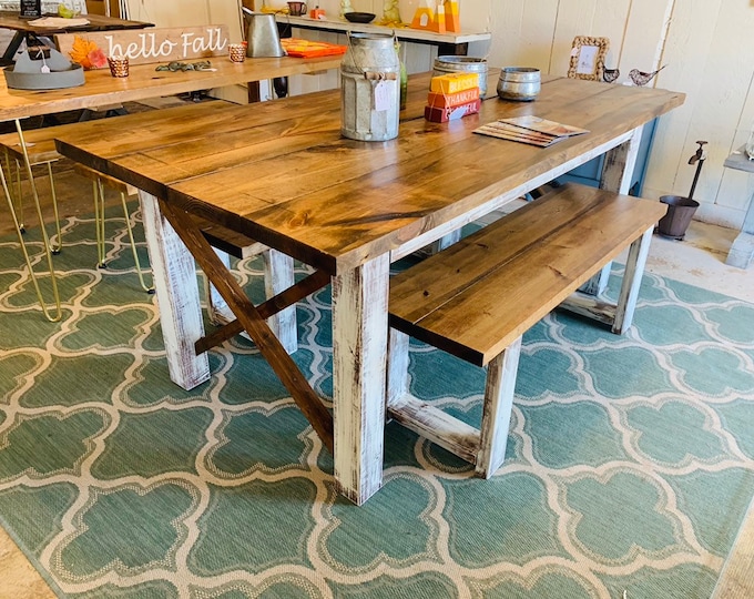 Rustic Farmhouse Table Set with Benches, Provincial Brown Top, and White Distressed Base, Wooden Dining Set 6ft Table