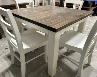 Rustic Square Farmhouse Table with Chairs: Reclaimed Wood, Dark Walnut Top