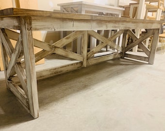 Rustic Farmhouse Desk: Dark Walnut Top, White Distressed Base, X Accents