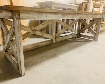 Long Rustic Farmhouse Desk with A Dark Walnut Top and White Distressed Base, X Style Accents, 8ft Desk, Deep Office Desk