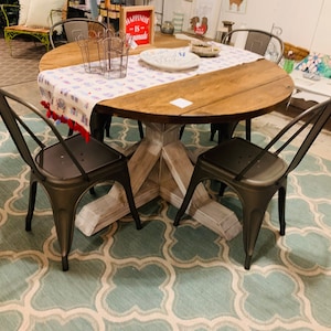Round Farmhouse Table Set: Provincial Brown Top, Gray Base, Metal Chairs