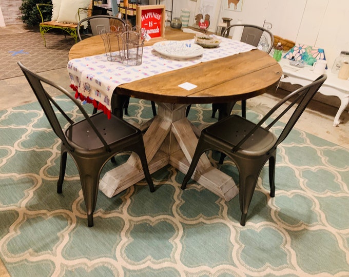 Round Rustic Farmhouse Table Set with Chairs, Single Pedestal  Style Base, Provincial Brown Top with Gray Base, Small Wooden Dining Table